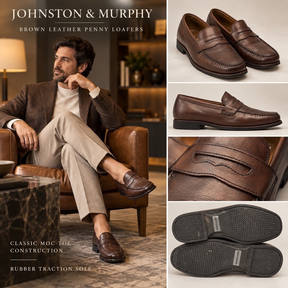 Johnston & Murphy Mens Brown Leather Penny Loafers Dress Shoes Size 9.5 M